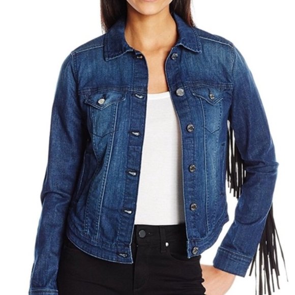 William Rast Dark Blue Denim Fringe Jacket - Picture 1 of 4